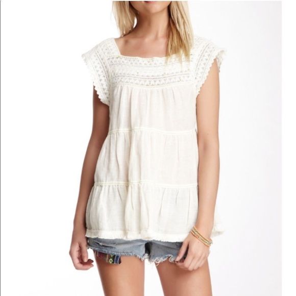Free People Crochet Trim Linen Tiered White Tank Top Medium NWOT - Picture 1 of 6